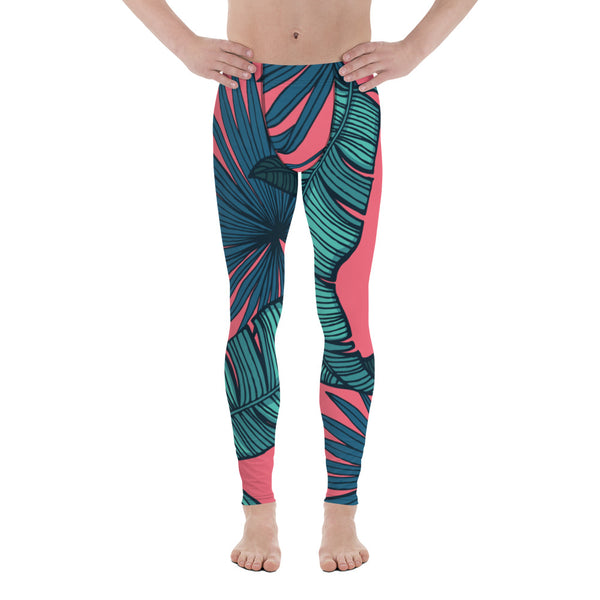 Pink Tropical Leaves Men's Leggings, Green Palm Leaf Men's Sports Running Tights - Made in USA/EU/MX