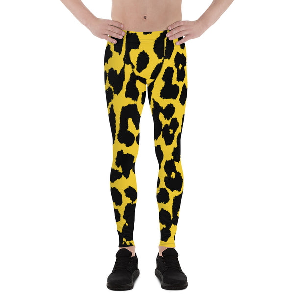 Yellow Leopard Print Men's Leggings, Leopard Animal Print Best Premium Running Tights For Men - Made in USA/EU/MX