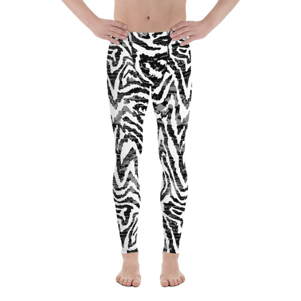 Black Zebra Print Men's Leggings, Zebra Striped Animal Designer Print Sexy Meggings Men's Workout Gym Tights Leggings, Men's Compression Tights Pants - Made in USA/ EU/ MX (US Size: XS-3XL)&nbsp;