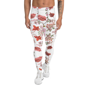 White Fall Leaves Men's Leggings, Fall Leaves Leggings For Men, Autumn Leaf Leggings Pants For Men, Rave Party Sexy Fall Themed Print Meggings Men's Workout Gym Tights Leggings, Men's Compression Tights Pants - Made in USA/ EU/ MX (US Size: XS-3XL) Fall Leaves Leggings