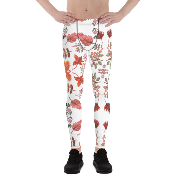 White Fall Leaves Men's Leggings, Fall Leaves Leggings For Men, Autumn Leaf Leggings Pants For Men, Rave Party Sexy Fall Themed Print Meggings Men's Workout Gym Tights Leggings, Men's Compression Tights Pants - Made in USA/ EU/ MX (US Size: XS-3XL) Fall Leaves Leggings