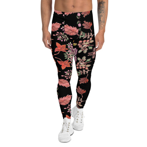 Black Fall Leaves Men's Leggings, Fall Leaves Leggings For Men, Autumn Leaf Leggings Pants For Men, Rave Party Tiger Striped Animal Print Sexy Meggings Men's Workout Gym Tights Leggings, Men's Compression Tights Pants - Made in USA/ EU/ MX (US Size: XS-3XL) Fall Leaves Leggings
