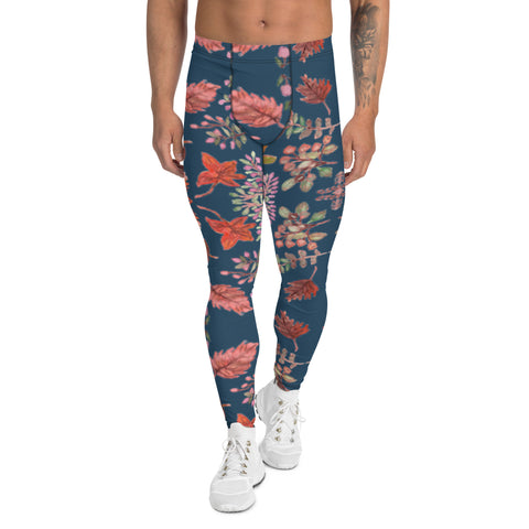 Blue Fall Leaves Men's Leggings, Navy Blue Fall Leaves Leggings For Men, Autumn Leaf Leggings Pants For Men, Rave Party Fall Themed Print Sexy Meggings Men's Workout Gym Tights Leggings, Men's Compression Tights Pants - Made in USA/ EU/ MX (US Size: XS-3XL) Fall Leaves Leggings