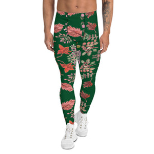 Green Fall Leaves Men's Leggings, Fall Leaves Leggings For Men, Autumn Leaf Leggings Pants For Men, Rave Party Tiger Striped Animal Print Sexy Meggings Men's Workout Gym Tights Leggings, Men's Compression Tights Pants - Made in USA/ EU/ MX (US Size: XS-3XL) Fall Leaves Leggings