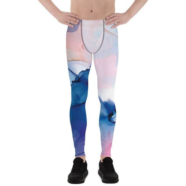 Pink Blue Abstract Men's Leggings, Designer Compression Tights For Men - Made in USA/EU/MX