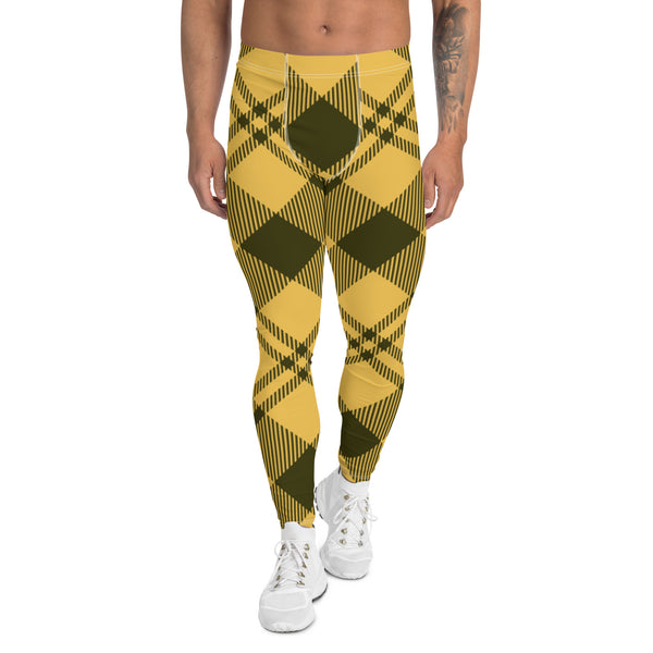 Black Yellow Plaid Print Meggings, Yellow Plaid Print Classic Designer Print Sexy Meggings Men's Workout Gym Tights Leggings, Men's Compression Workout Running Sports Athletic Tights Pants - Made in USA/ EU/ MX (US Size: XS-3XL)