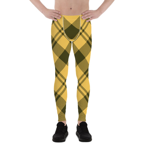 Black Yellow Plaid Print Meggings, Yellow Plaid Print Classic Designer Print Sexy Meggings Men's Workout Gym Tights Leggings, Men's Compression Workout Running Sports Athletic Tights Pants - Made in USA/ EU/ MX (US Size: XS-3XL)