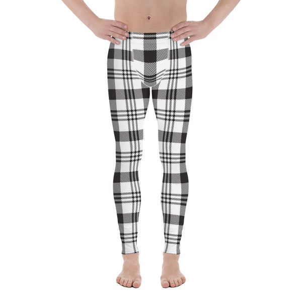 Black White Plaid Print Meggings, Plaid Print Classic Designer Print Sexy Meggings Men's Workout Gym Tights Leggings, Men's Compression Workout Running Sports Athletic Tights Pants - Made in USA/ EU/ MX (US Size: XS-3XL) 