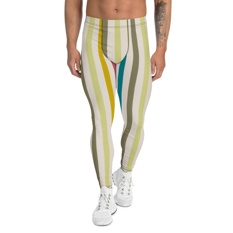 Beige Multicolored Striped Men's Leggings, Vertical Striped Designer Print Sexy Meggings Men's Workout Gym Tights Leggings, Men's Compression Tights Pants - Made in USA/ EU/ MX (US Size: XS-3XL)&nbsp;