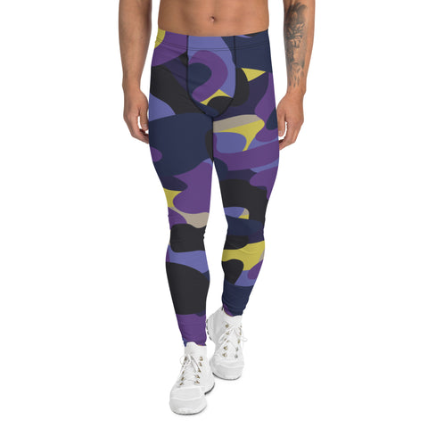 Purple Yellow Camo Men's Leggings, Purple Yellow Best Camouflaged Military Print Premium Classic Elastic Comfy Men's Leggings Fitted Tights Pants - Made in USA/MX/EU (US Size: XS-3XL) Spandex Meggings Men's Workout Gym Tights Leggings, Compression Tights, Kinky Fetish Men Pants