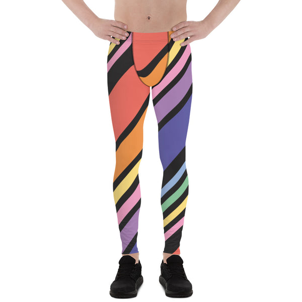 Diagonal Striped Rainbow Men's Leggings, Colorful Best Compression Tights For Men - Made in USA/EU/MX