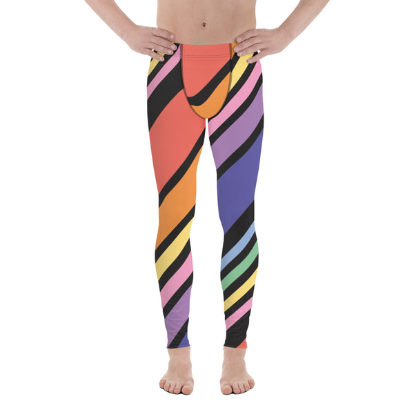 Diagonal Striped Rainbow Men's Leggings, Colorful Best Compression Tights For Men - Made in USA/EU/MX