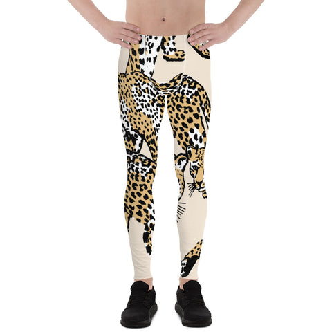 Nude Leopard Print Men's Leggings, Brown Animal Leopard Print Designer Sexy Meggings Men's Workout Gym Tights Leggings, Men's Compression Tights Pants - Made in USA/ EU/ MX (US Size: XS-3XL) 