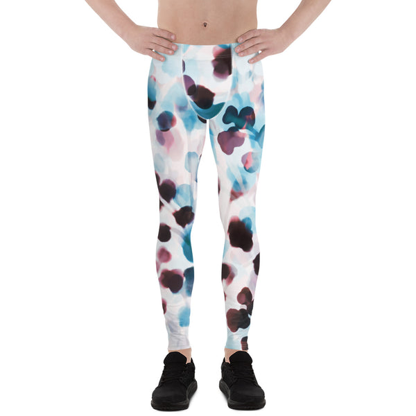 Abstract Blue Men's Leggings, Blue Red Watercolor Abstract Designer Print Sexy Meggings Men's Workout Gym Tights Leggings, Men's Compression Tights Pants - Made in USA/ EU/ MX (US Size: XS-3XL) 