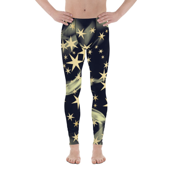 Best Black Starry Men's Leggings, Stars Pattern Abstract Designer Print Sexy Meggings Men's Workout Gym Tights Leggings, Men's Compression Tights Pants - Made in USA/ EU/ MX (US Size: XS-3XL) 
