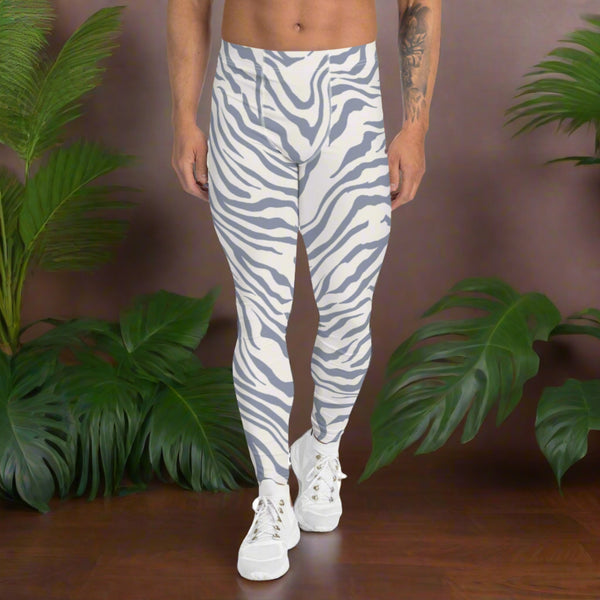Grey Zebra Print Men's Leggings, Grey and White Zebra Striped Animal Designer Print Sexy Meggings Men's Workout Gym Tights Leggings, Men's Compression Tights Pants - Made in USA/ EU/ MX (US Size: XS-3XL)&nbsp;