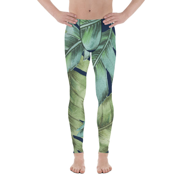 Green Blue Tropical Men's Leggings, Tropical Leaves Print Designer Print Sexy Meggings Men's Workout Gym Tights Leggings, Men's Compression Tights Pants - Made in USA/ EU/ MX (US Size: XS-3XL) 