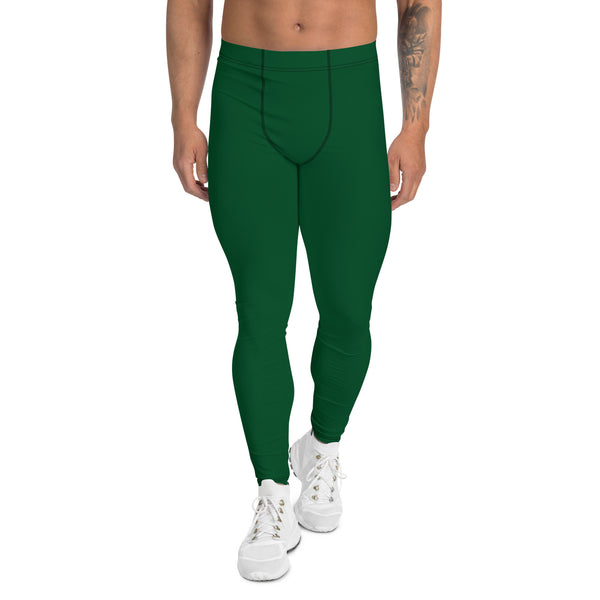 Forest Green Color Men's Leggings, Solid Color Green Print Sexy Meggings Men's Workout Gym Tights Leggings, Men's Compression Tights Pants - Made in USA/ EU/ MX (US Size: XS-3XL) 