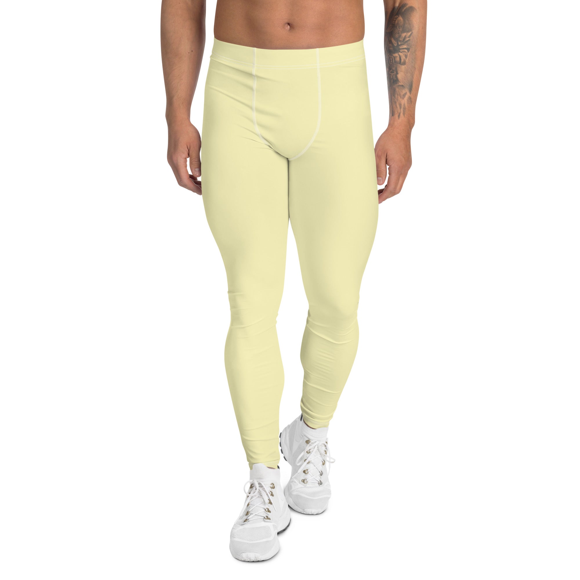 Pale Yellow Color Meggings, Solid Yellow Color Print Sexy Meggings Men's Workout Gym Tights Leggings, Men's Compression Tights Pants - Made in USA/ EU/ MX (US Size: XS-3XL) 