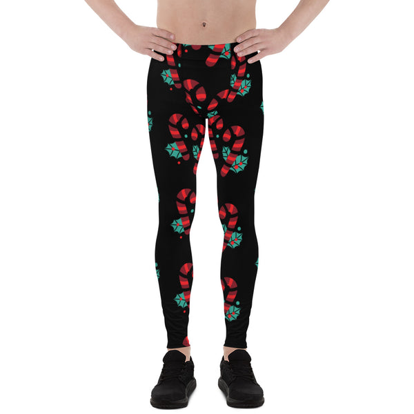 Black Candy Cane Men's Leggings, Black and Red Colorful Christmas Candy Cane Men's tights, Best Designer Print Sexy Meggings Men's Workout Gym Tights Leggings, Men's Compression Tights Pants - Made in USA/ EU/ MX (US Size: XS-3XL) 
