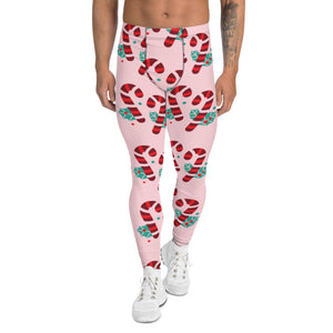 Pink Candy Cane Men's Leggings, Pink and Red Colorful Christmas Candy Cane Men's tights, Best Designer Christmas Candy Cane Print Sexy Meggings Men's Workout Gym Tights Leggings, Men's Compression Tights Pants - Made in USA/ EU/ MX (US Size: XS-3XL) 