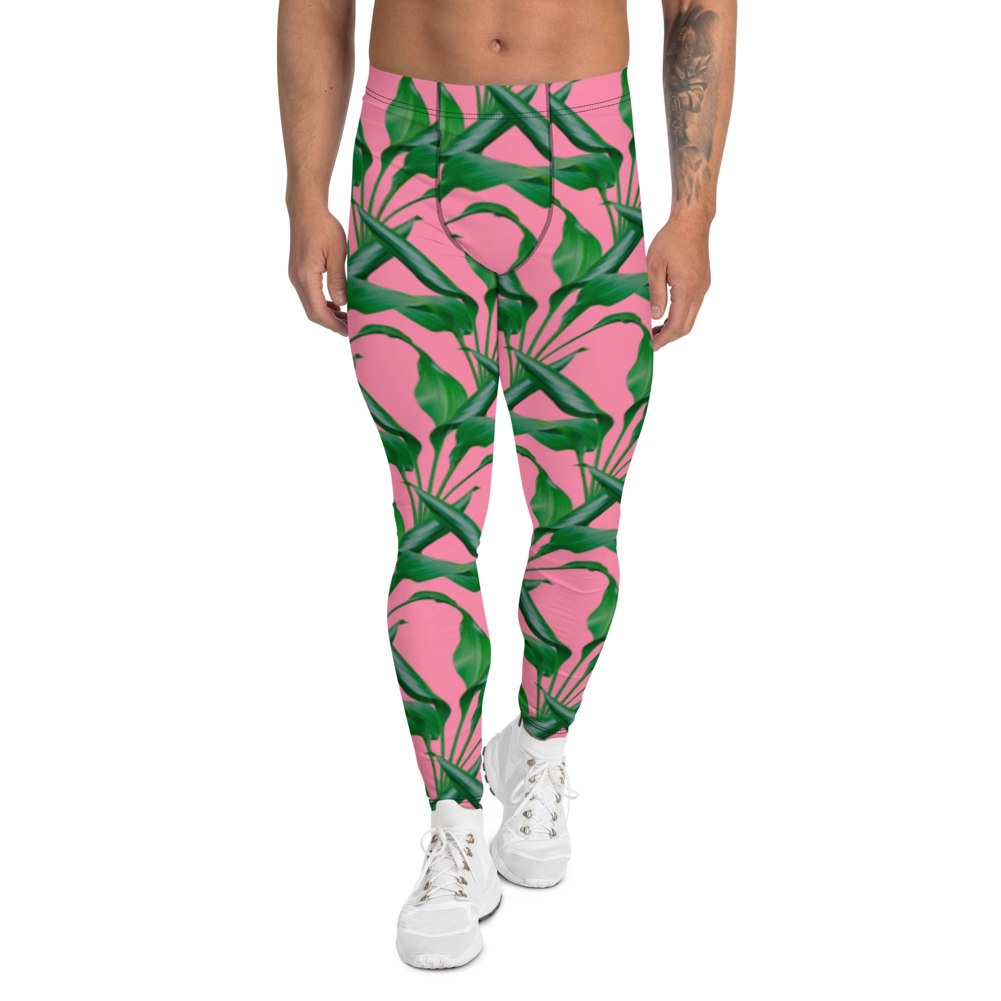 Green Pink Tropical Men's Leggings, Tropical Leaves Print Designer Print Sexy Meggings Men's Workout Gym Tights Leggings, Men's Compression Tights Pants - Made in USA/ EU/ MX (US Size: XS-3XL) 