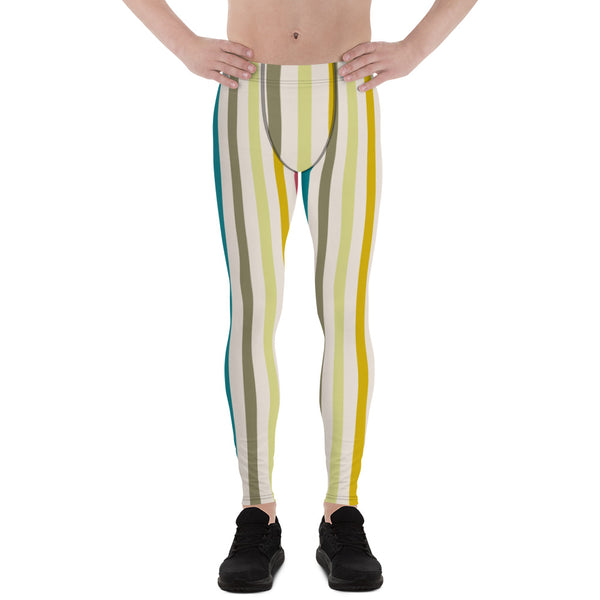 Colorful Green Stripes Men's Leggings, Vertically Striped Designer Print Sexy Meggings Men's Workout Gym Tights Leggings, Men's Compression Tights Pants - Made in USA/ EU/ MX (US Size: XS-3XL) 