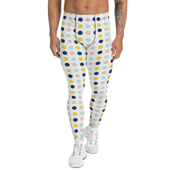 Blue Yellow Dotted Men's Leggings, Dots Pattern Abstract Designer Print Sexy Meggings Men's Workout Gym Tights Leggings, Men's Compression Tights Pants - Made in USA/ EU/ MX (US Size: XS-3XL)&nbsp;