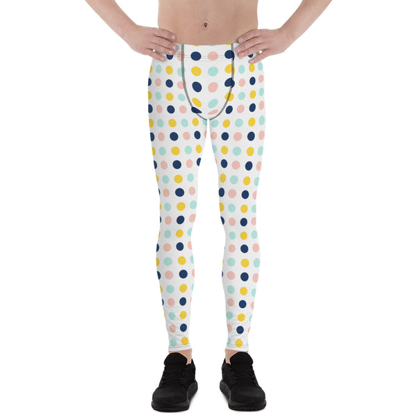 Blue Yellow Dotted Men's Leggings, Dots Pattern Abstract Designer Print Sexy Meggings Men's Workout Gym Tights Leggings, Men's Compression Tights Pants - Made in USA/ EU/ MX (US Size: XS-3XL)&nbsp;