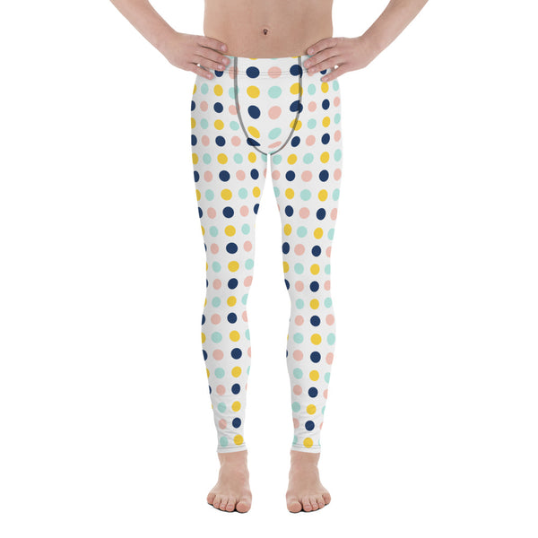 Blue Yellow Dotted Men's Leggings, Dots Pattern Abstract Designer Print Sexy Meggings Men's Workout Gym Tights Leggings, Men's Compression Tights Pants - Made in USA/ EU/ MX (US Size: XS-3XL)&nbsp;