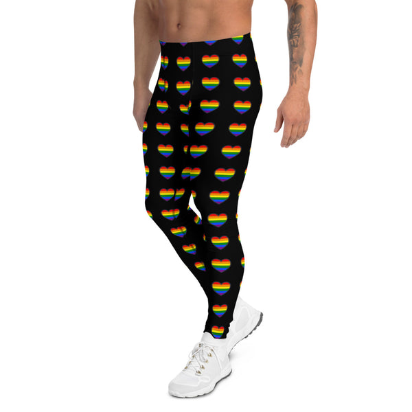 Gay Pride Heart Men's Leggings, Rainbow Hearts Valentines Day Designer Print Sexy Meggings Men's Workout Gym Tights Leggings, Men's Compression Tights Pants - Made in USA/ EU/ MX (US Size: XS-3XL) 