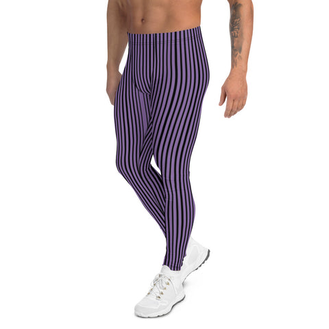 Purple Black Striped Men's Leggings, Modern Stripes Meggings Designer Print Sexy Meggings Men's Workout Gym Tights Leggings, Men's Compression Tights Pants - Made in USA/ EU/ MX (US Size: XS-3XL) 