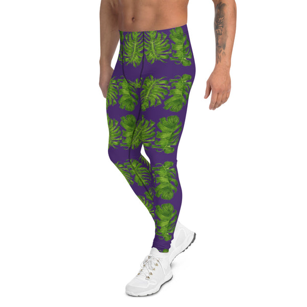 Purple Tropical Leaf Men's Leggings - Heidikimurart Limited  Purple Tropical Leaf Men's Leggings, Hawaiian Style Leaves Designer Print Sexy Meggings Men's Workout Gym Tights Leggings, Men's Compression Tights Pants - Made in USA/ EU/ MX (US Size: XS-3XL) 