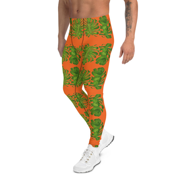Orange Tropical Leaf Men's Leggings - Heidikimurart Limited Orange Tropical Leaf Men's Leggings, Hawaiian Style Leaves Designer Print Sexy Meggings Men's Workout Gym Tights Leggings, Men's Compression Tights Pants - Made in USA/ EU/ MX (US Size: XS-3XL) 