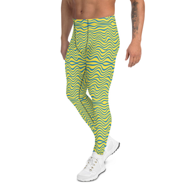 Blue Yellow Curvy Men's Leggings, Great Wave Pattern Designer Print Sexy Meggings Men's Workout Gym Tights Leggings, Men's Compression Tights Pants - Made in USA/ EU/ MX (US Size: XS-3XL) Patterned Leggings For Men, Tights Workout, Men's Compression Pants, Mens Festival Leggings, Mens Leggings Fashion, Mens Tights