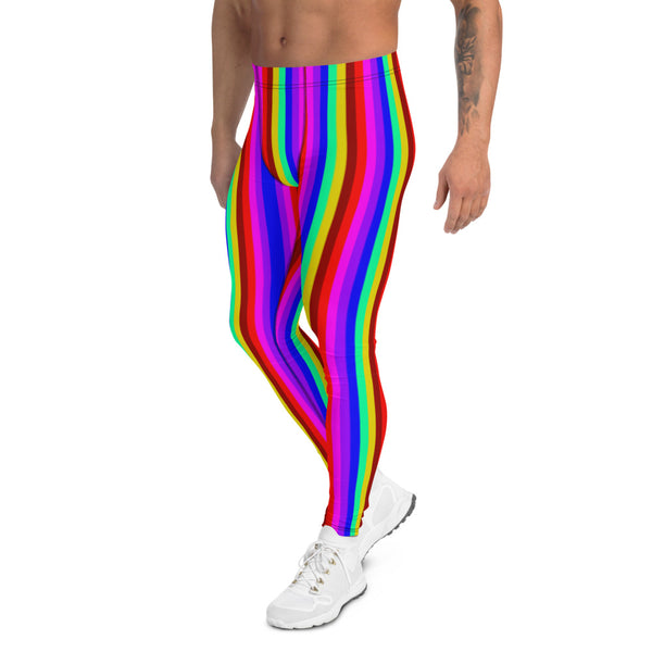 Gay Pride Rainbow Men's Leggings, Colorful Gay Pride Designer Festival Vertical Stripes Circus Designer Print Sexy Meggings Men's Workout Gym Tights Leggings, Men's Compression Tights Pants - Made in USA/ EU/ MX (US Size: XS-3XL) 