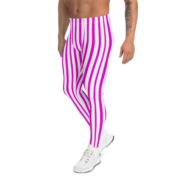 Pink Striped Men's Leggings, Vertical Stripes Modern Stripes Designer Print Sexy Meggings Men's Workout Gym Tights Leggings, Men's Compression Tights Pants - Made in USA/ EU/ MX (US Size: XS-3XL) 
