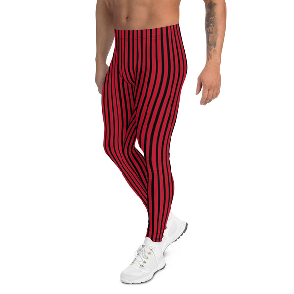 Red Vertically Striped Men's Leggings, Red Black Modern Stripes Designer Print Sexy Meggings Men's Workout Gym Tights Leggings, Men's Compression Tights Pants - Made in USA/ EU/ MX (US Size: XS-3XL) 