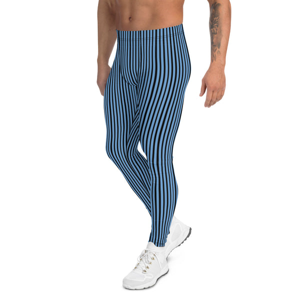 Blue Striped Men's Leggings, Blue And Black Vertical Stripes Circus Designer Modern Print Sexy Meggings Men's Workout Gym Tights Leggings, Men's Compression Tights Pants - Made in USA/ EU/ MX (US Size: XS-3XL) 