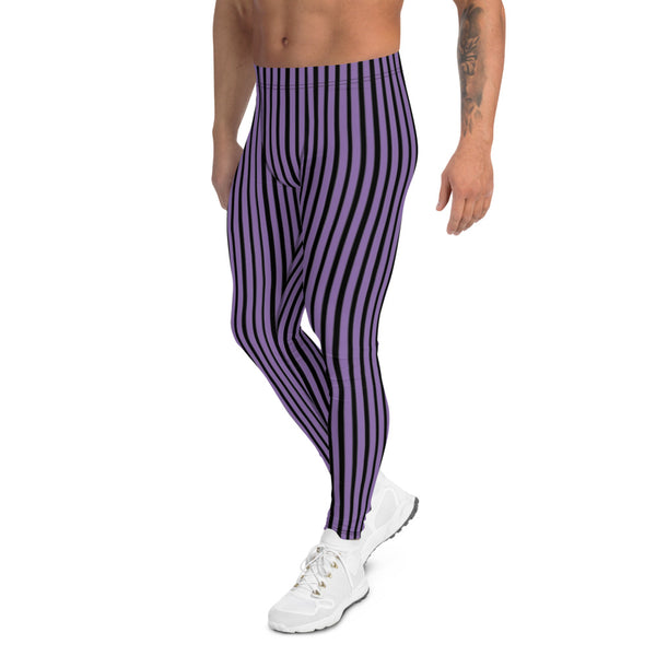 Purple Vertically Striped Men's Leggings, Purple Black Modern Stripes Designer Print Sexy Meggings Men's Workout Gym Tights Leggings, Men's Compression Tights Pants - Made in USA/ EU/ MX (US Size: XS-3XL) 