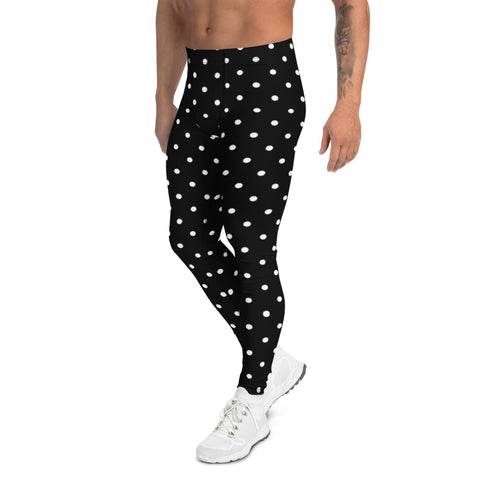 Black Polka Dots Men's Leggings, Classic Dotted Designer Best Designer Modern Print Sexy Meggings Men's Workout Gym Tights Leggings, Men's Compression Tights Pants - Made in USA/ EU/ MX (US Size: XS-3XL) 