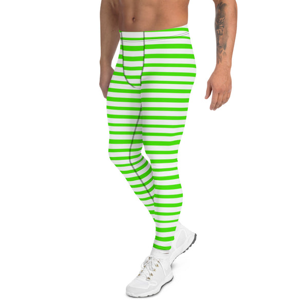 Green Striped Best Men's Leggings, Horizontal Stripes Modern White Circus Designer Modern Print Sexy Meggings Men's Workout Gym Tights Leggings, Men's Compression Tights Pants - Made in USA/ EU/ MX (US Size: XS-3XL) 