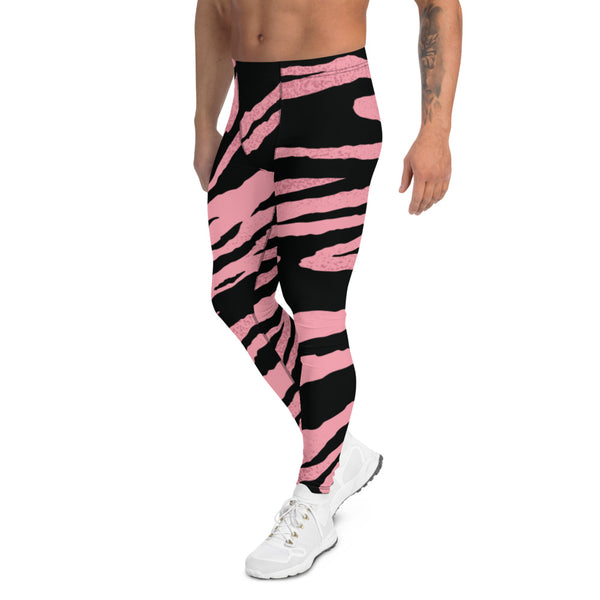 Pink Zebra Striped Men's Leggings, Modern Stripes Animal Print Modern Stripes Designer Print Sexy Meggings Men's Workout Gym Tights Leggings, Men's Compression Tights Pants - Made in USA/ EU/ MX (US Size: XS-3XL) 