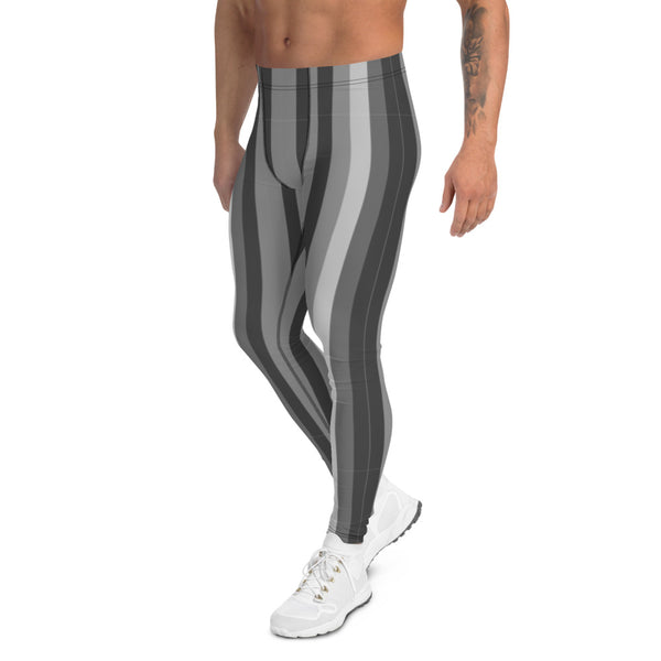 Grey Vertically Striped Men's Leggings, Modern Stripes Designer Print Sexy Meggings Men's Workout Gym Tights Leggings, Men's Compression Tights Pants - Made in USA/ EU/ MX (US Size: XS-3XL) 