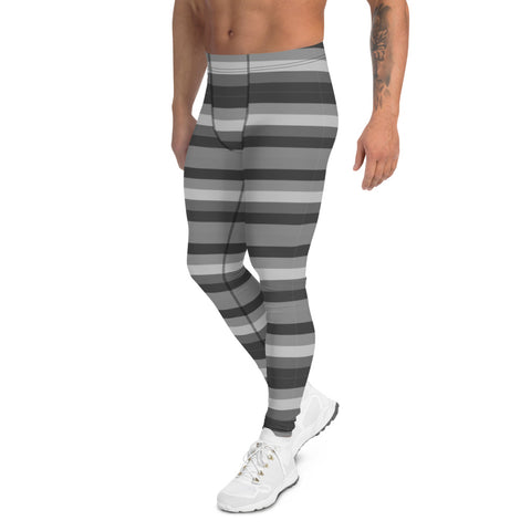 Grey Horizontally Striped Men's Leggings, Modern Stripes Designer Print Sexy Meggings Men's Workout Gym Tights Leggings, Men's Compression Tights Pants - Made in USA/ EU/ MX (US Size: XS-3XL) 