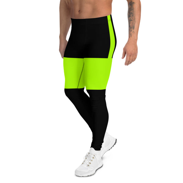 Black Neon Striped Men's Leggings, Best Premium Workout Modern Minimalist Striped Solid Color Modern Meggings, Men's Leggings Tights Pants - Made in USA/EU/ Mexico (US Size: XS-3XL) Sexy Meggings Men's Workout Gym Tights Leggings
