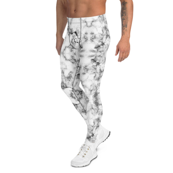 White Marble Print Men's Leggings, Grey White Marbled Pattern Tights For Men, Abstract Marble Print Premium Meggings Best Men Tights Men's Leggings Compression Tights Pants - Made in USA/EU/MX (US Size: XS-3XL) Sexy Meggings Men's Workout Gym Tights Leggings