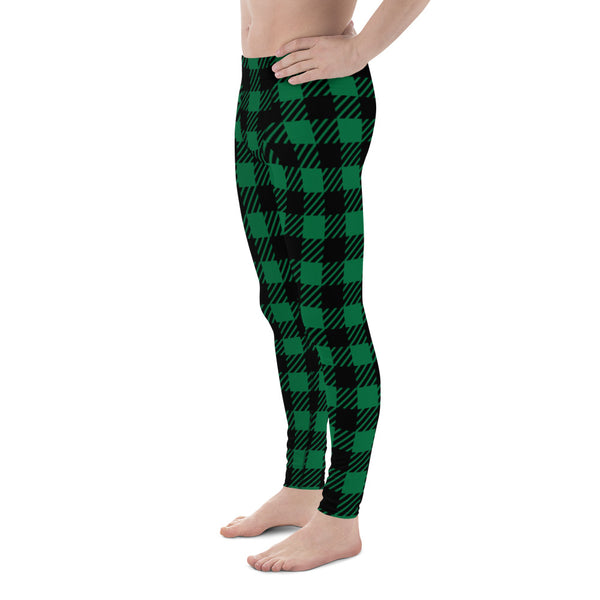 Green Black Plaid Men's Leggings, Tartan Plaid Print Abstract Meggings Compression Men's Leggings Tights Pants - Made in USA/MX/EU (US Size: XS-3XL) Sexy Meggings Men's Workout Gym Running Tights Leggings, Compression Active Wear Sports Tights