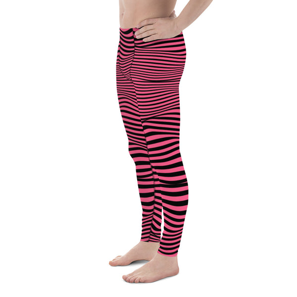 Pink Black Abstract Men's Leggings, Best Modern Striped Minimalist Premium Designer Print Sexy Meggings Men's Workout Gym Tights Leggings, Men's Compression Tights Pants - Made in USA/ EU/ MX (US Size: XS-3XL) 