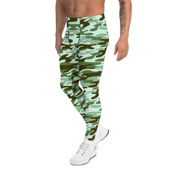 Green Shade Camouflaged Men's Leggings, Army Camouflage Military Print Premium Quality Designer Print Sexy Meggings Men's Workout Gym Tights Leggings, Men's Compression Tights Pants - Made in USA/ EU/ MX (US Size: XS-3XL) 